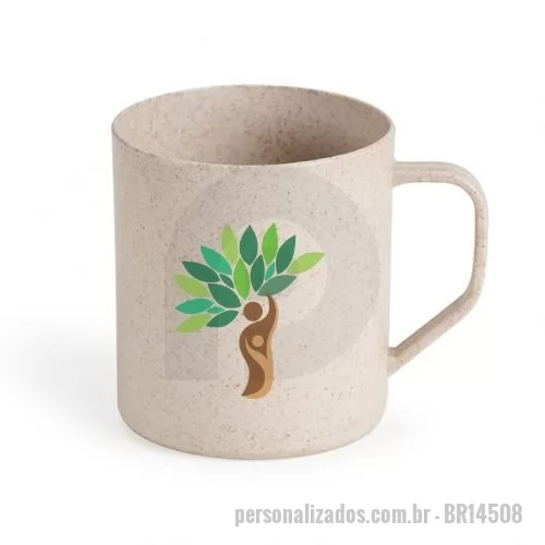 Caneca personalizada - Caneca fibra de arroz com capacidade de 400ml. Material: Plástico  Altura: 9,4 cm  Largura: 11,4 cm  Circunferência: 26,6 cm  Medidas para gravação: 8,5 cm x 5 cm  Peso: 50 g