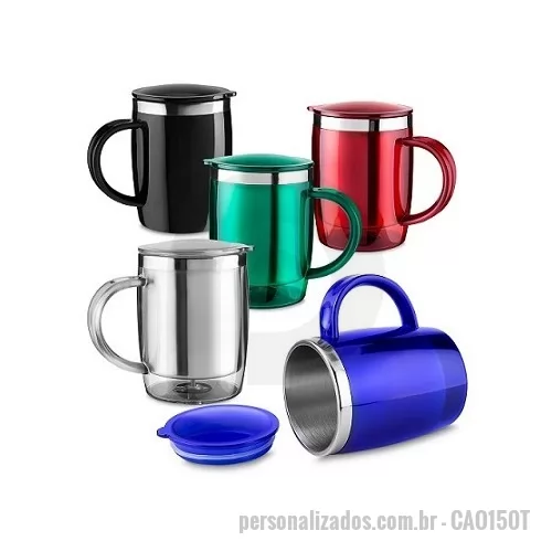 Caneca personalizada - Caneca plástica com área interna em inox,com capacidade de 400ml. A caneca possui tampa de fechamento através de um encaixe feito por um anel de silicone. Medidas: 12,5xø9,0cm