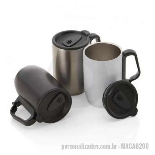 Caneca personalizada - Caneca em aço inox de 350ml, alça de mão plástica tipo mosquetão, tampa com vedação e base de apoio em EVA.