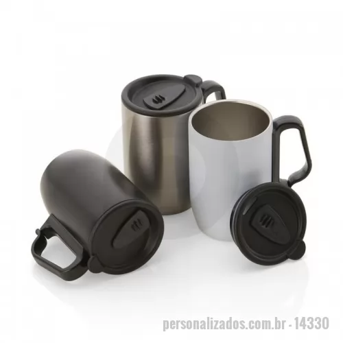 Caneca personalizada - Caneca inox 350ml com parede dupla. Possui tampa plástica com trava para abertura do bocal, alça plástica estilo mosquetão e base com apoio EVA. Obs.: Conserva temperatura.