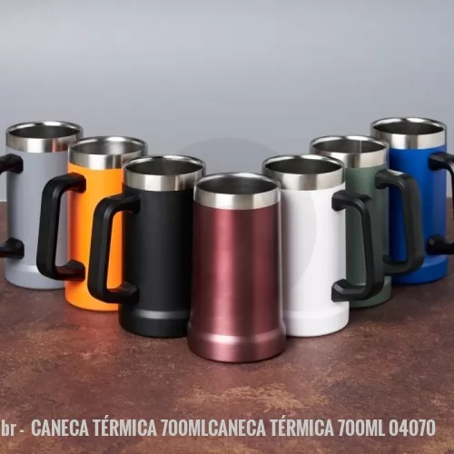 Caneca personalizada - Caneca térmica de inox com pegador plástico, capacidade de 700ml. Material livre de BPA.