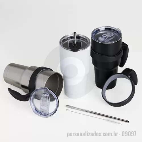 Caneca personalizada - Caneca térmica de inox com capacidade para 800 ml, contém duas tampas, sendo uma acrílica com bocal, trava de segurança, e uma pequena tampa acoplada emborrachada para dissipação da temperatura, e a segunda tampa acrílica, contém compartimento que ao deslizar acessará ao bocal. Acompanha canudo