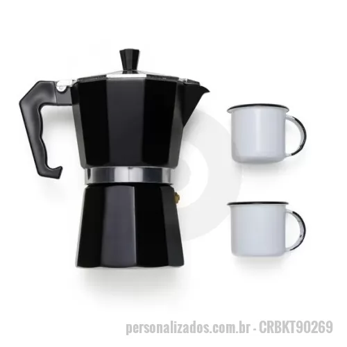 Caneca personalizada - Esse kit conta com cafeteira modelo Italiana em alumínio de alta qualidade e resistência.   Toda sua estrutura é desmontável e alça para garantir a segurança durante o seu uso e conta também com duas canecas em alumínio branco.