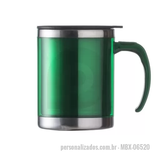 Caneca personalizada - Caneca acrílica 400ml com detalhe oval no pegador, revestimento interno e detalhes em inox. Tampa plástica resistente com sistema giratório para abertura(não é térmica).