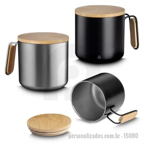 Caneca personalizada - Descrição: Caneca térmica de parede dupla em inox, com capacidade de 330ml. Contém alça lateral com detalhe e tampa em bambu.  Altura :  8,7 cm  Largura :  12,6 cm  Circunferência :  28 cm  Medidas aproximadas para gravação (CxL):  4,5 cm x 3 cm  Peso aproximado (g):  210