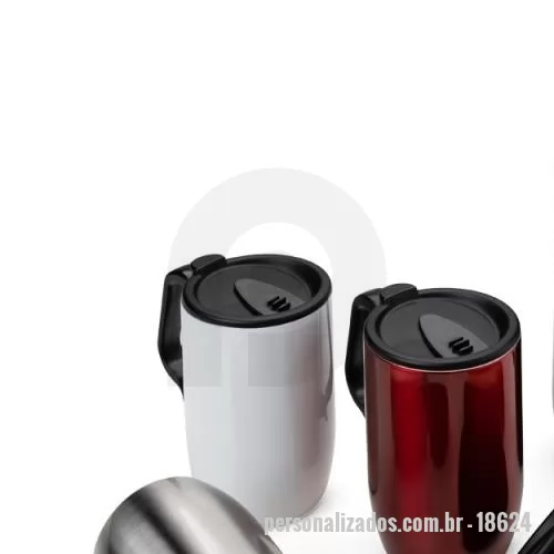 Caneca personalizada - Caneca 350 ml parede dupla em Inox, com pegador de plástico, contém tampa com compartimento que ao deslizar, pode ser aberto para beber e base com EVA antiderrapante.