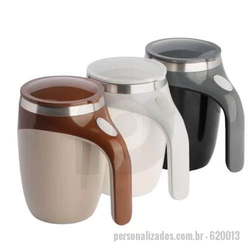 Caneca personalizada - Caneca plástica mixer em aço inox na parte interna com capacidade de até 380ml. Na parte interna possui uma capsula imantada facilitando a remoção para limpeza da caneca. Ideal para junções de bebidas em pó. Para a função mixer funcionar é necessário 2 pilhas AAA, acompanha pilha.