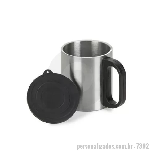 Caneca personalizada - Caneca de inox, com tampa e cabo de plástico resistente na cor preto, capacidade para 180ml, (não é térmico).