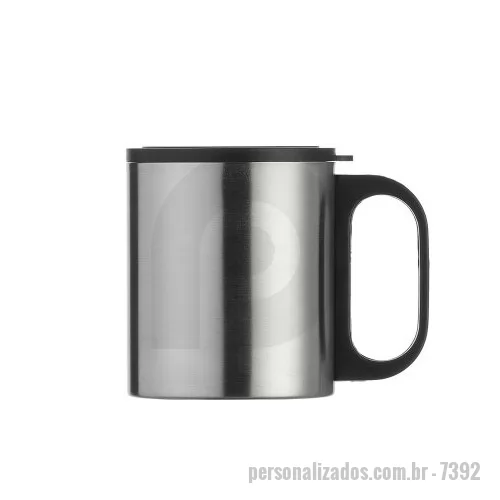 Caneca personalizada - Caneca de inox 180ml com cabo e tampa em plástico resistente (não é térmica).  Altura: 8,1 cm Largura: 10 cm Medidas aproximadas para gravação: (CxL): 7,5 cm x 6 cm