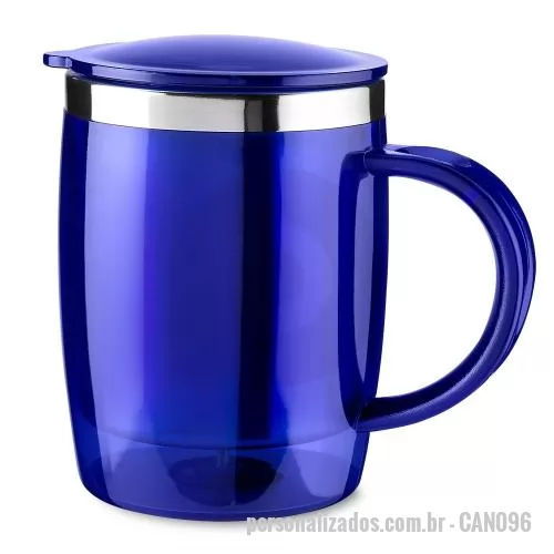 Caneca personalizada - Caneca com capacidade de 400ml, produzida em plástico resistente e equipada com área interna em aço inox, combinação que favorece o uso diário com diferentes tipos de bebida. A tampa possui fechamento por encaixe e anel de silicone, ajudando a manter