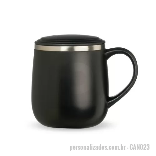 Caneca personalizada - Com formato arredondado e acabamento vibrante, esta caneca de 370ml combina revestimento plástico externo com parede dupla em inox para tornar a experiência mais prática em cafés, chás ou bebidas do dia a dia. A tampa plástica auxilia na vedação, enq