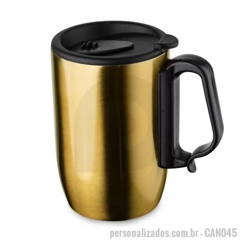 Caneca personalizada - Com parede dupla em inox e capacidade máxima de 350ml, esta caneca reúne resistência, acabamento moderno e praticidade para bebidas do dia a dia. A tampa de pressão em plástico possui abertura deslizante para o bocal, facilitando o consumo com mais s