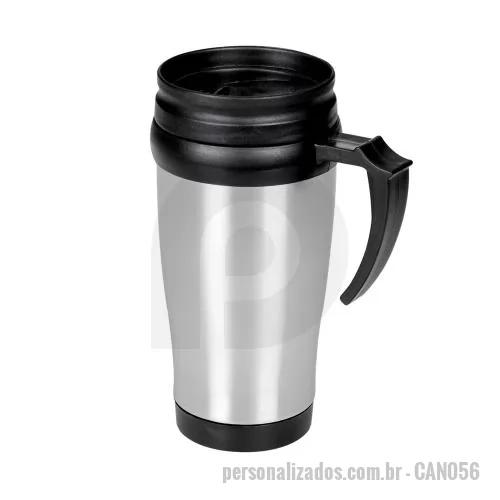 Caneca personalizada - Caneca de inox com detalhes plásticos, capacidade de 400ml, tampa com vedação e bocal com trava de segurança, pensada para trazer mais praticidade ao consumo de bebidas no dia a dia. Seu corpo metálico oferece resistência e visual moderno, enquanto a