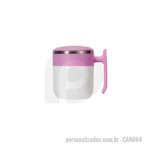 Caneca personalizada - Com capacidade de até 350ml, esta caneca em inox conta com revestimento externo, alça e tampa de encaixe em plástico, além de base emborrachada antiderrapante para maior estabilidade. Seu design moderno combina o brilho interno metálico com acabament