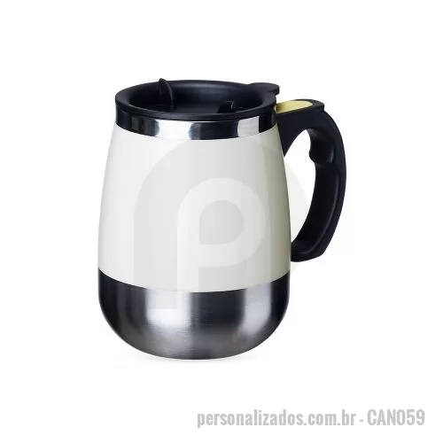 Caneca personalizada - Caneca de parede dupla com capacidade máxima de 350ml, interior em inox 304, exterior em inox 201 e misturador acionado por duas pilhas AAA, não inclusas. A alça em polipropileno possui botão integrado para misturar cafés, achocolatados, shakes e out