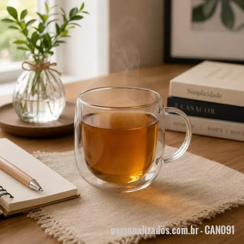 Caneca personalizada - Caneca com capacidade de até 250ml, produzida em vidro borossilicato e estruturada com parede dupla, característica que ajuda a reduzir a transferência de calor para a parte externa. Seu formato transparente valoriza a apresentação de cafés, chás e o