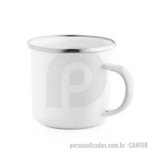 Caneca personalizada - Caneca produzida em esmalte, desenvolvida para personalização por sublimação, com capacidade de até 350 mL e fornecida em caixa presente. Seu formato tradicional é complementado pela borda metálica, criando um visual nostálgico que combina com cafés 