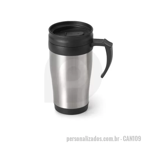 Caneca personalizada - Caneca de viagem térmica produzida em aço inox e polipropileno, com estrutura de parede dupla isolada a ar e capacidade de até 420 mL. O corpo metálico oferece resistência para acompanhar a rotina, enquanto a tampa e a alça em PP tornam o uso mais co