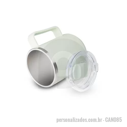 Caneca personalizada - Caneca produzida em plástico PP, com interior em aço inox e capacidade para até 450ml. Possui tampa transparente equipada com anel de vedação e trava de segurança no bocal, oferecendo mais controle durante o consumo e ajudando a reduzir respingos em 