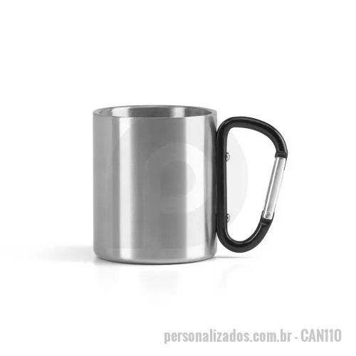 Caneca personalizada - Caneca produzida em aço inox, com capacidade de até 230 mL, alça em formato de mosquetão funcional e fornecimento em caixa presente. O diferencial está no pegador, que além de facilitar o manuseio permite prender a peça em mochilas, bolsas ou equipam