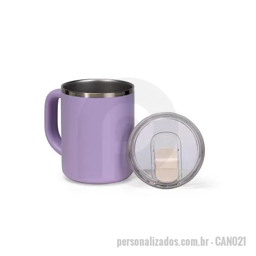 Caneca personalizada - Com design delicado e estrutura pensada para o uso diário, esta caneca de 450ml combina parede dupla, interior em inox 304 e revestimento externo em PP para oferecer praticidade em cafés, chás e outras bebidas. A tampa de pressão em AS, com protetor 