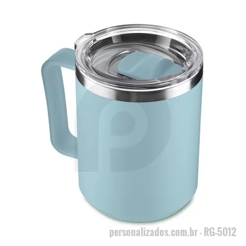 Caneca personalizada - Caneca em plástico PP com interior em inox, até 450ml. Tampa transparente com anel de vedação e trava de segurança.
