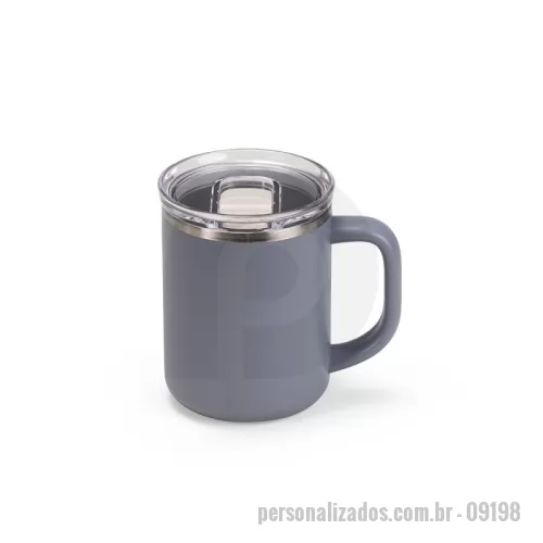 Caneca personalizada - Caneca de parede dupla, com interior em inox 304 e revestimento externo e alça em plástico polipropileno (PP). Com capacidade máxima de 450ml, possui tampa de pressão em AS com protetor deslizante para o bocal em PP.