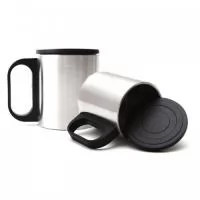 Caneca de inox 180 ml com cabo e tampa em plástico resistente (não é térmica). Brinde campeão de vendas. Ideal para tomar um café ou chá. Gravação a Laser.