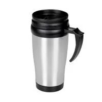 Caneca de inox com detalhes plásticos, capacidade de 400ml. Tampa com vedação e bocal com trava de segurança.