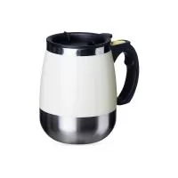 Caneca de parede dupla com capacidade máxima de 350ml, interior em inox 304, exterior em inox 201 e misturador acionado por duas pilhas AAA, não inclusas. A alça em polipropileno possui botão integrado para misturar cafés, achocolatados, shakes e out