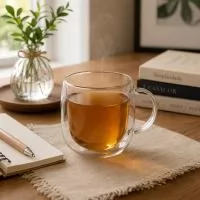 Caneca com capacidade de até 250ml, produzida em vidro borossilicato e estruturada com parede dupla, característica que ajuda a reduzir a transferência de calor para a parte externa. Seu formato transparente valoriza a apresentação de cafés, chás e o