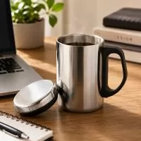 Caneca produzida em aço inox, com capacidade de 350ml, estrutura de parede dupla, tampa com sistema de vedação e alça lateral em plástico. Embora não possua função térmica, sua composição ajuda a tornar o uso mais confortável durante o consumo de caf