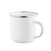 Caneca produzida em esmalte, desenvolvida para personalização por sublimação, com capacidade de até 350 mL e fornecida em caixa presente. Seu formato tradicional é complementado pela borda metálica, criando um visual nostálgico que combina com cafés 