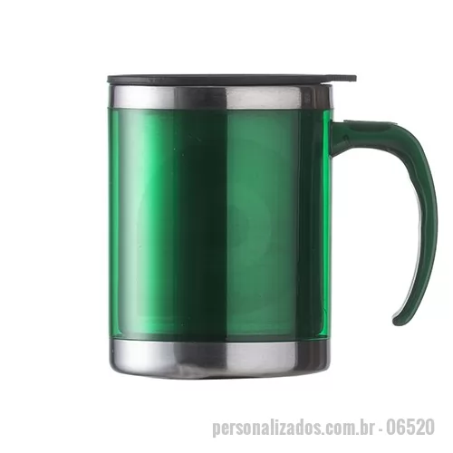 Caneca plástica personalizada - DESCRIÇÃO: Caneca acrílica 400ml com detalhe oval no pegador, revestimento interno e detalhes em inox. Tampa plástica resistente com sistema giratório para abertura (não é térmica).  Altura: 11,6 cm  Largura: 12,6 cm  Medidas aproximadas para gravação (CxL): 8,7 cm x 8 cm  Peso aproximado (g): 154  Cores: azul, verde, laranja, branco, transparente e vermelho  Consultar disponibilidade do estoque