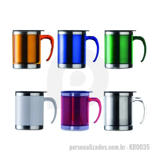 Caneca plástica personalizada - Caneca acrílica 400ml com detalhe oval no pegador, revestimento interno e detalhes em inox. Tampa plástica resistente com sistema giratório para abertura(não é térmica).