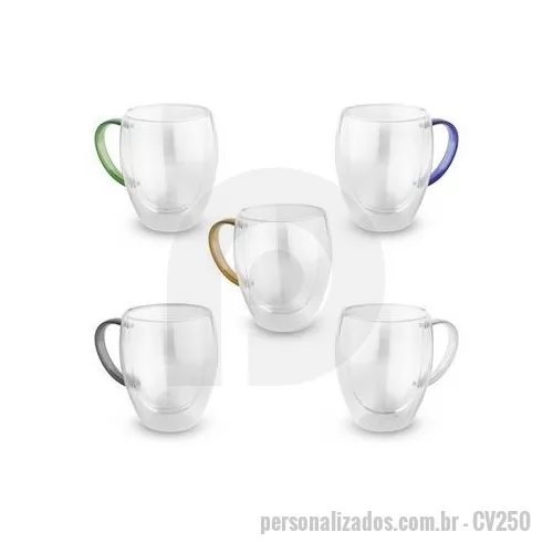 Caneca porcelana ou cerâmica ou vidro personalizada - Caneca de vidro borossilicato com parede dupla, com capacidade de até 350ml. Detalhe colorido na alça. Dimensão Produto: 11,5xø7,6cm Peso do Produto: 0,174g