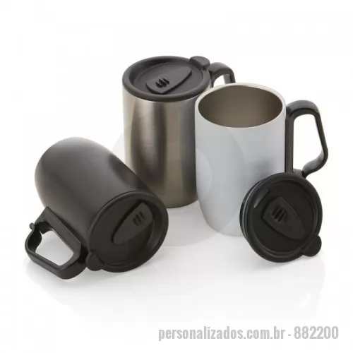 Caneca térmica personalizada - Caneca térmica em aço inox parede dupla com alça e tampa plástica. 350ml. 12,3x8cm