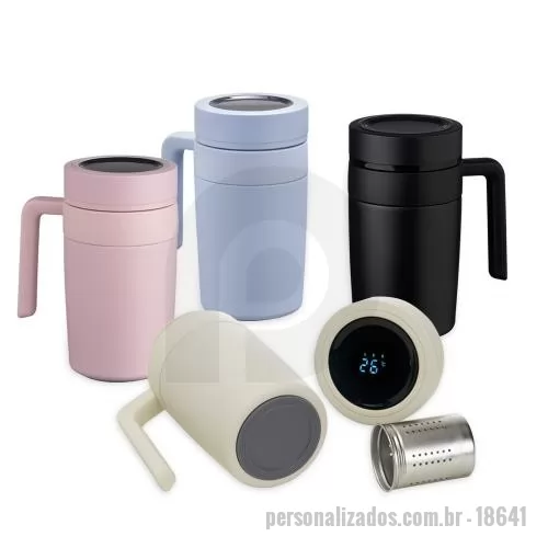 Caneca térmica personalizada - Caneca Térmica inox 500ml com infusor, e display LED com termômetro digital na tampa para indicar a temperatura do líquido.