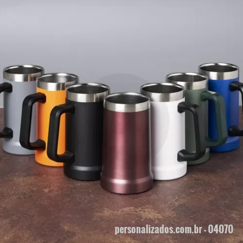 Caneca térmica personalizada - Caneca térmica de inox com pegador plástico, capacidade de 700ml. Material livre de BPA.