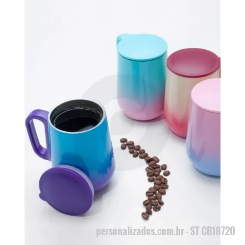 Caneca térmica personalizada - Caneca Bicolor Parede Dupla Personalizada, feita em inox, sua capacidade é para 250ml, sua tampa é plástica de encaixe, alça plástica e a base antiderrapante, disponível em 4 opções de cores. Amplo espaço para sua logo marca personalizada.