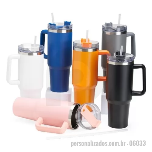 Caneca térmica personalizada - Caneca térmica com capacidade de 1,2 litros feita em inox 304 com parede dupla, contém tampa acrílica rosqueável com acesso para canudo e pegador plástico. Acompanha canudo plástico.
