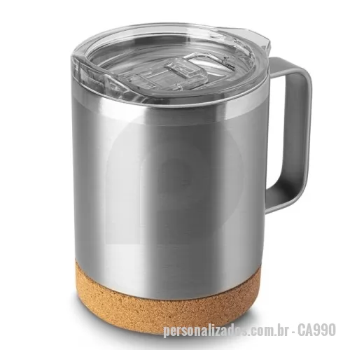 Caneca térmica personalizada - Caneca térmica em aço inox com parede dupla isolada à vácuo, tampa plástica e anel em silicone para vedação, alça lateral em inox na cor do produto, base em cortiça. Capacidade 350ml.