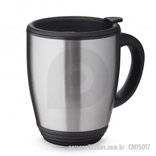 Caneca térmica personalizada - Caneca em inox de 470ml. Possui tampa com vedação, bocal com trava de segurança e pegador de plástico.