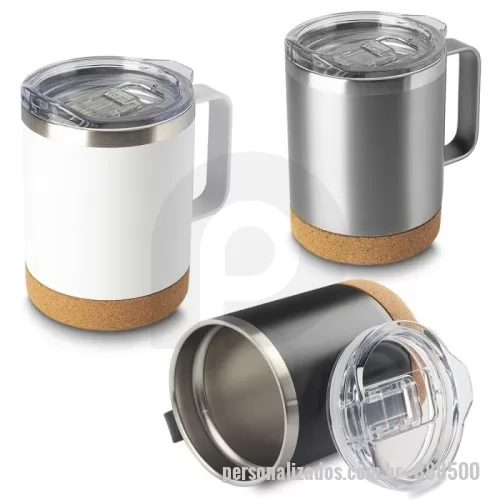 Caneca térmica personalizada - 	Caneca térmica em aço inox com parede dupla isolada à vácuo, tampa plástica e anel em silicone para vedação, alça lateral em inox na cor do produto, base em cortiça. Capacidade 350ml.