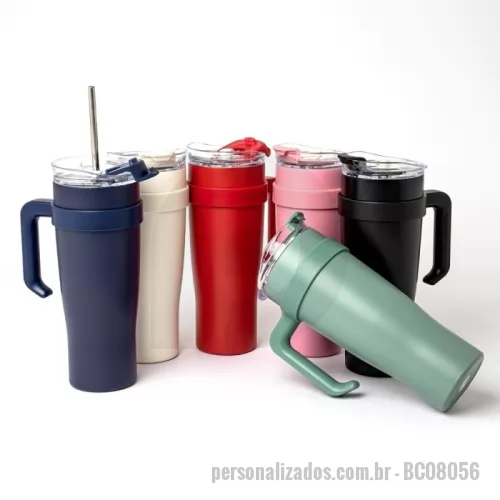 Caneca térmica personalizada - Caneca térmica com capacidade de 1,2 litros feita em inox 304 com parede dupla, contém tampa acrílica rosqueável com acesso para canudo, trava de segurança e bocal. Acompanha canudo inox.