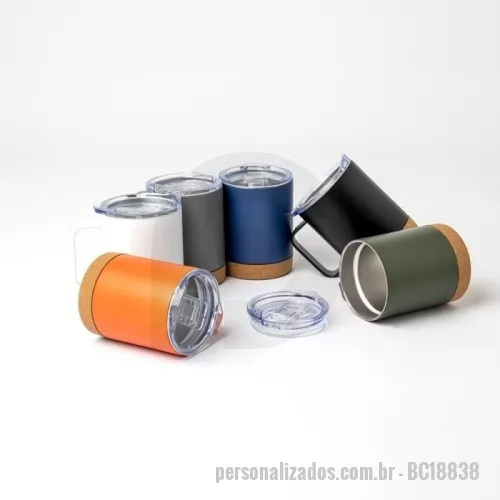 Caneca térmica personalizada - Caneca Térmica de 400ml feita em inox com fundo de cortiça, tampa com bocal e trava de segurança. O item ideal para quem aprecia qualidade e design.