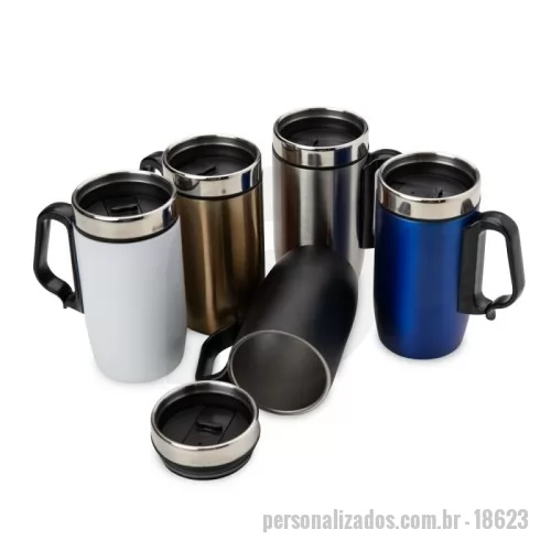 Caneca térmica personalizada - Caneca Inox Parede Dupla 250 ml  Descrição: Caneca 250 ml parede dupla em Inox, com pegador de plástico, contém tampa com compartimento que ao deslizar, pode ser aberto para beber e base com EVA antiderrapante.  Altura :  13,4 cm  Largura :  10,7 cm  Circunferência :  21,7 cm  Medidas aproximadas para gravação (CxL):  10 cm x 7 cm  Peso aproximado (g):  179