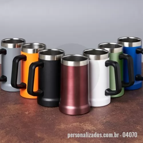 Caneca térmica personalizada - Descrição: Caneca térmica de inox com pegador plástico, capacidade de 700ml.  Altura :  17,2 cm  Largura :  15 cm