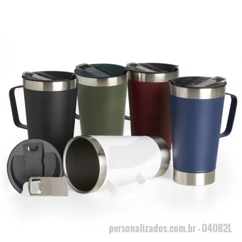 Caneca térmica personalizada - Descrição: Caneca térmica de inox com capacidade para 500ml. Acompanha uma tampa de plástico e um abridor de garrafas. O abridor fica preso em um encaixe existente na tampa, porém é removível.  Altura :  17,3 cm  Largura :  11,8cm  Circunferência :  29,2cm