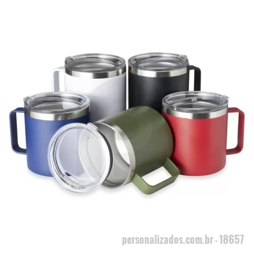 Caneca térmica personalizada - Descrição: Caneca térmica de inox 450ml com parede dupla e tampa com acesso ao bocal.  Altura :  10,3 cm  Largura :  13 cm  Circunferência :  31,5 cm